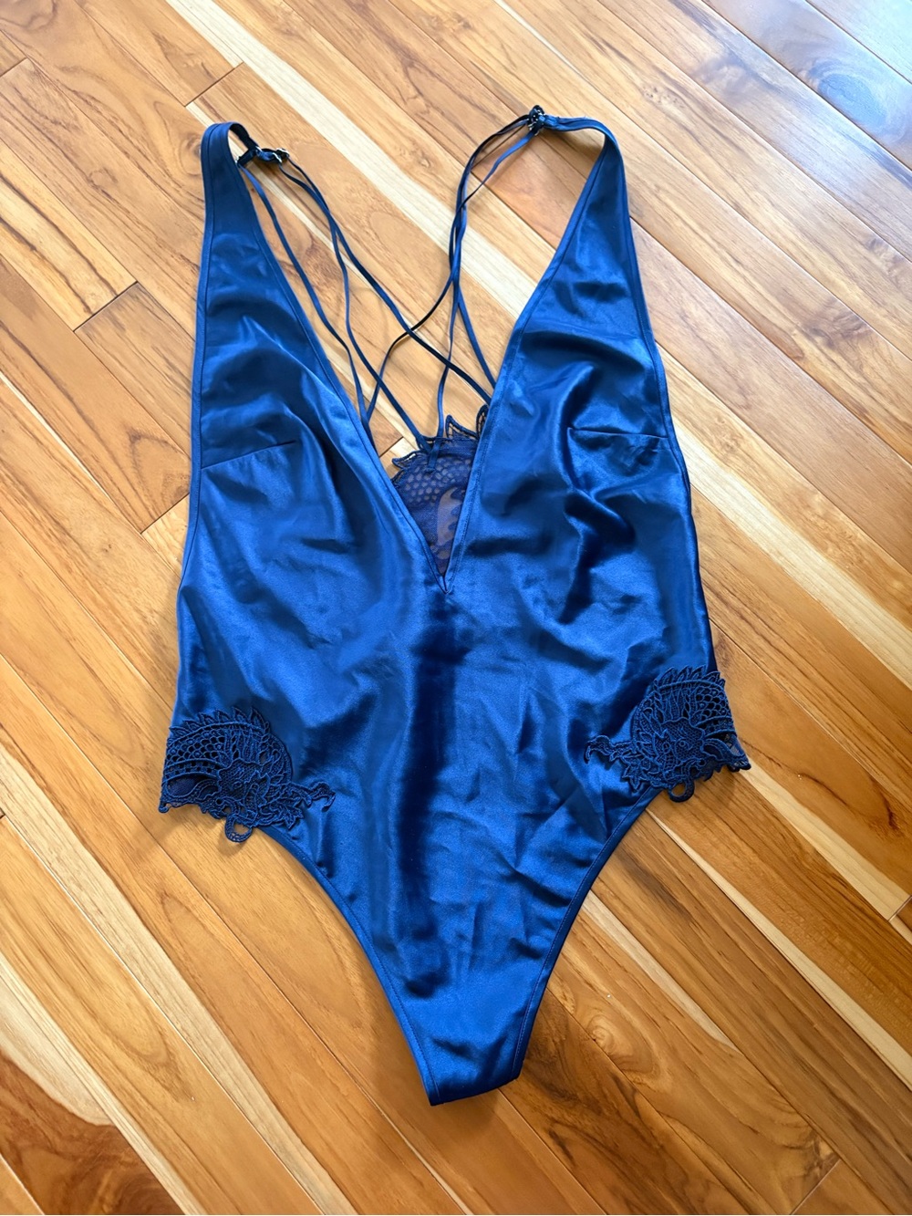 Satin Plunge Lace-Trim teddy - Navy